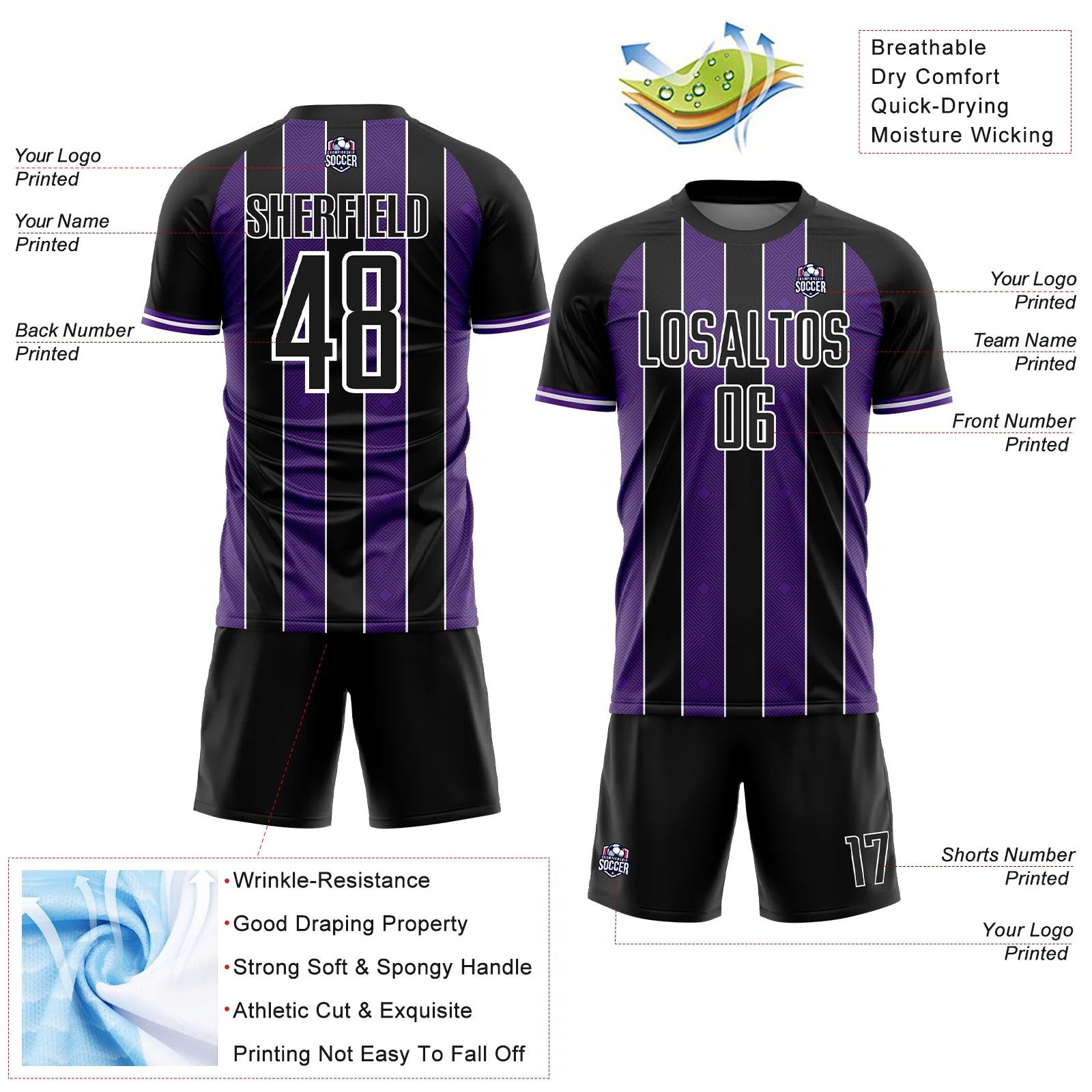 Custom Black Purple-White Pinstripe Line Sports Sublimation Soccer Uniform Jersey - Image 4