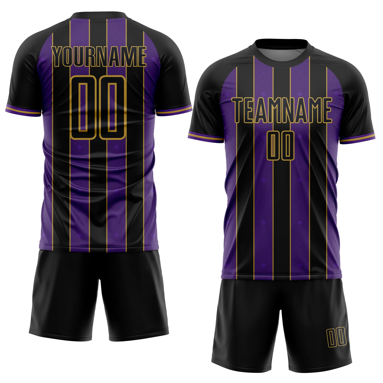 Custom Black Purple-Old Gold Pinstripe Line Sports Sublimation Soccer Uniform Jersey - Image 2