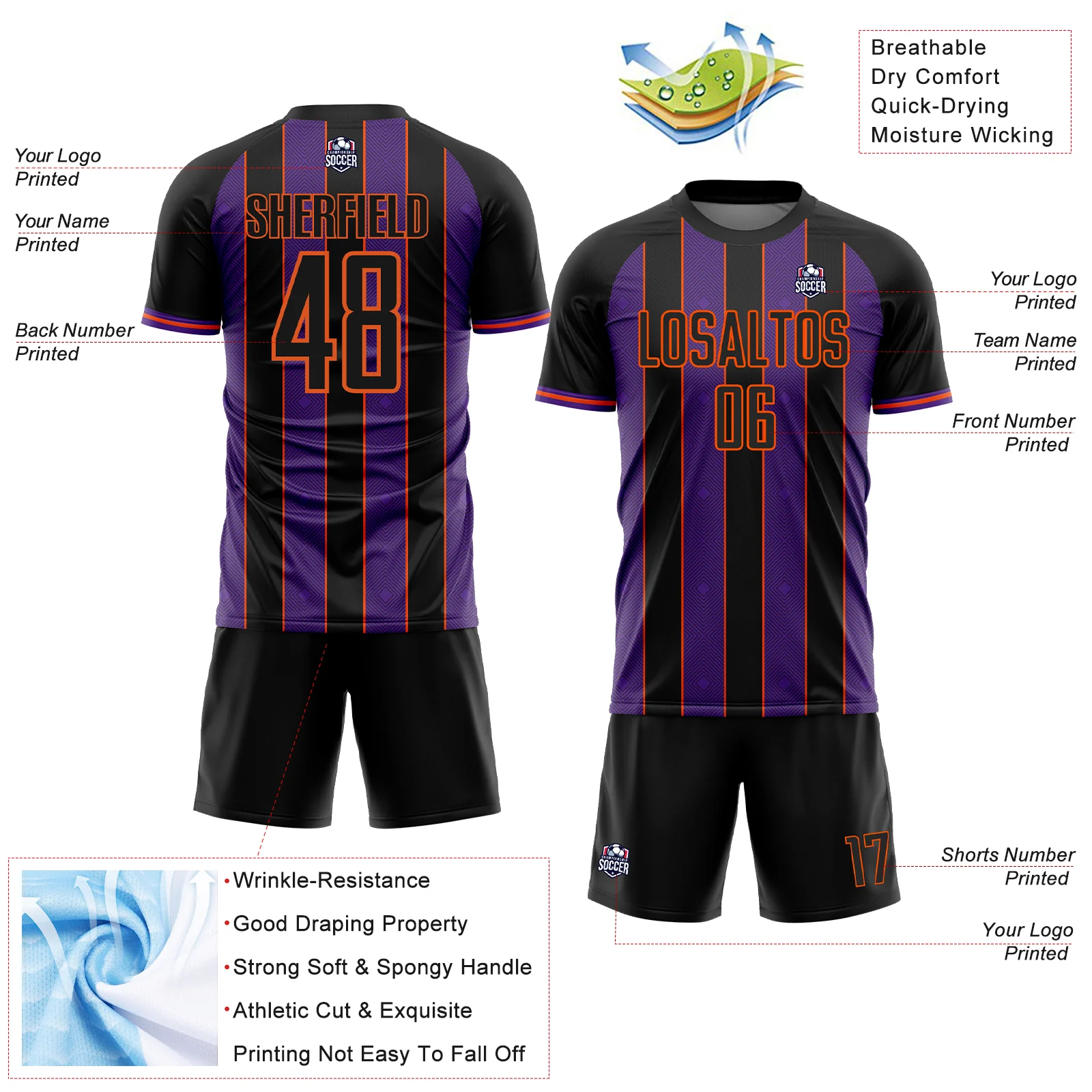 Custom Black Purple-Orange Pinstripe Line Sports Sublimation Soccer Uniform Jersey - Image 4