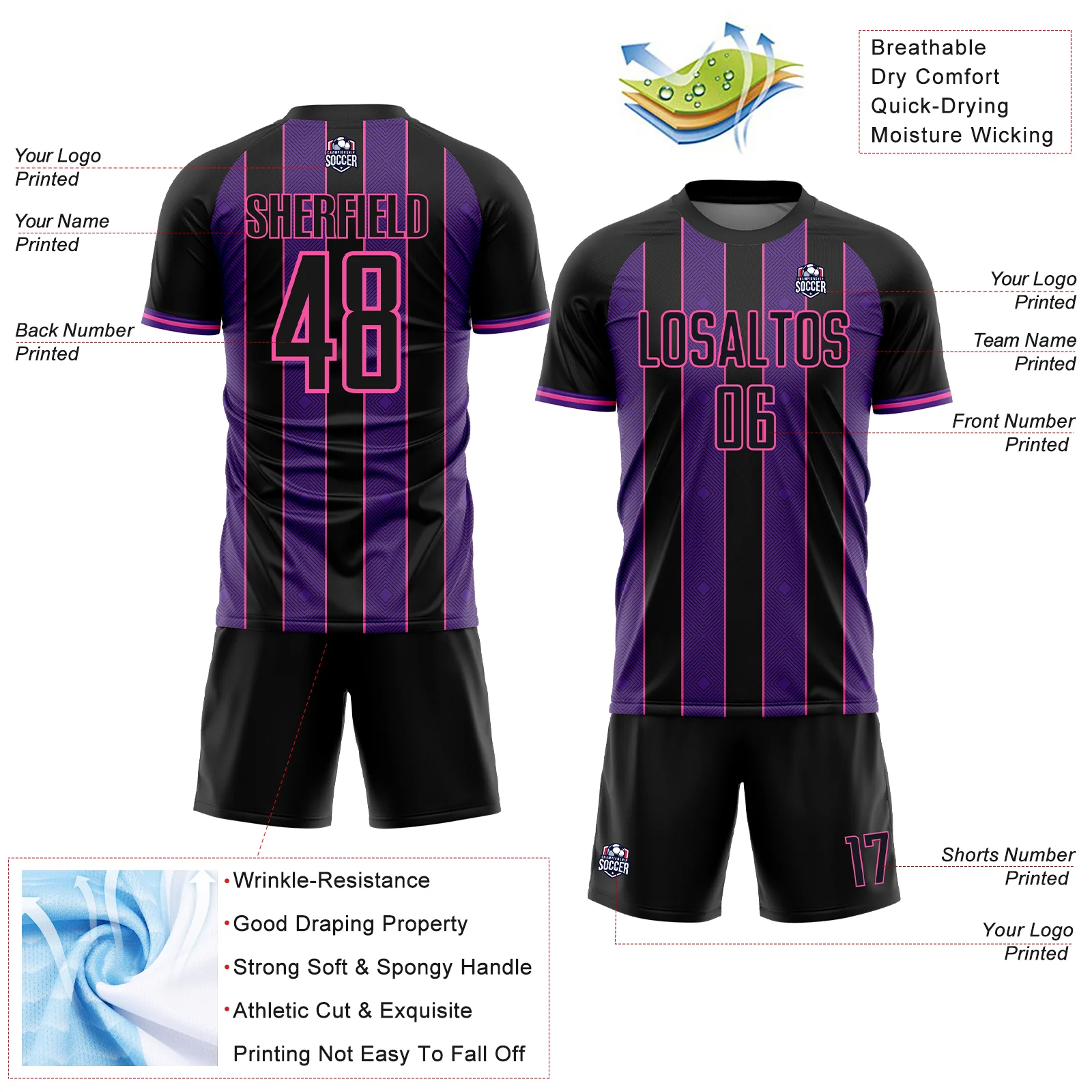 Custom Black Purple-Pink Pinstripe Line Sports Sublimation Soccer Uniform Jersey - Image 4
