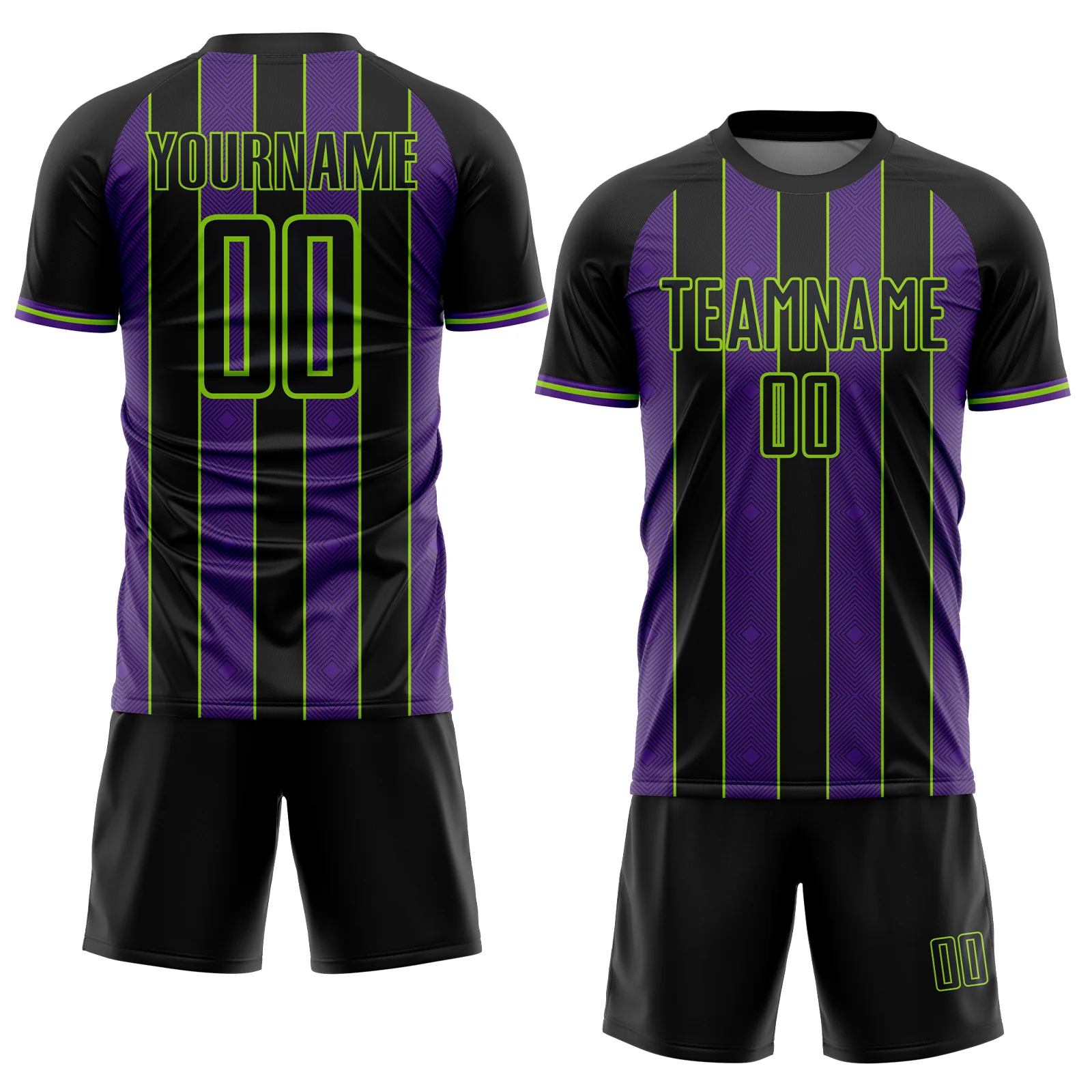 Custom Black Purple-Neon Green Pinstripe Line Sports Sublimation Soccer Uniform Jersey - Image 2