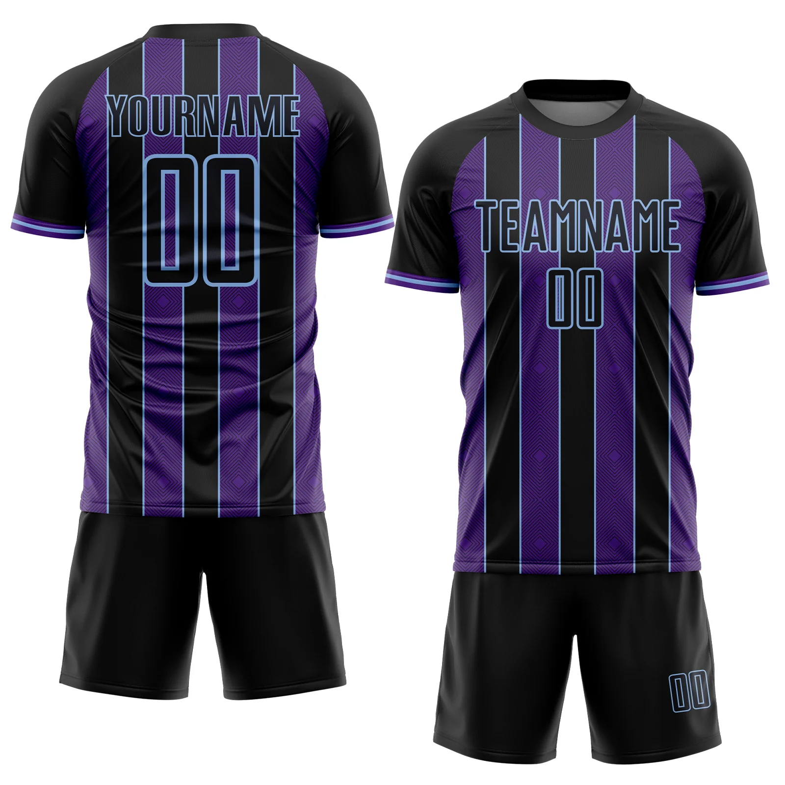 Custom Black Purple-Light Blue Pinstripe Line Sports Sublimation Soccer Uniform Jersey - Image 2