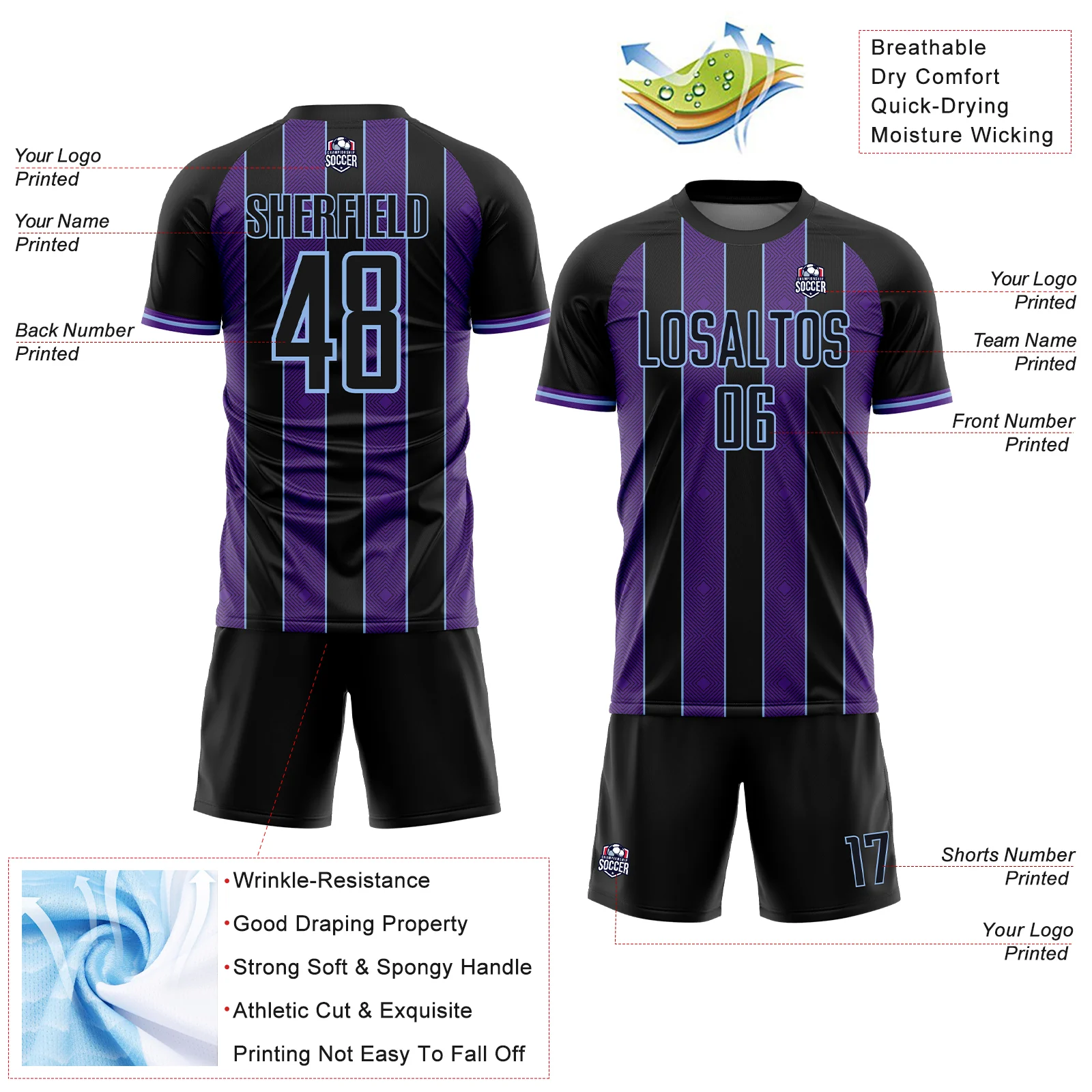 Custom Black Purple-Light Blue Pinstripe Line Sports Sublimation Soccer Uniform Jersey - Image 4