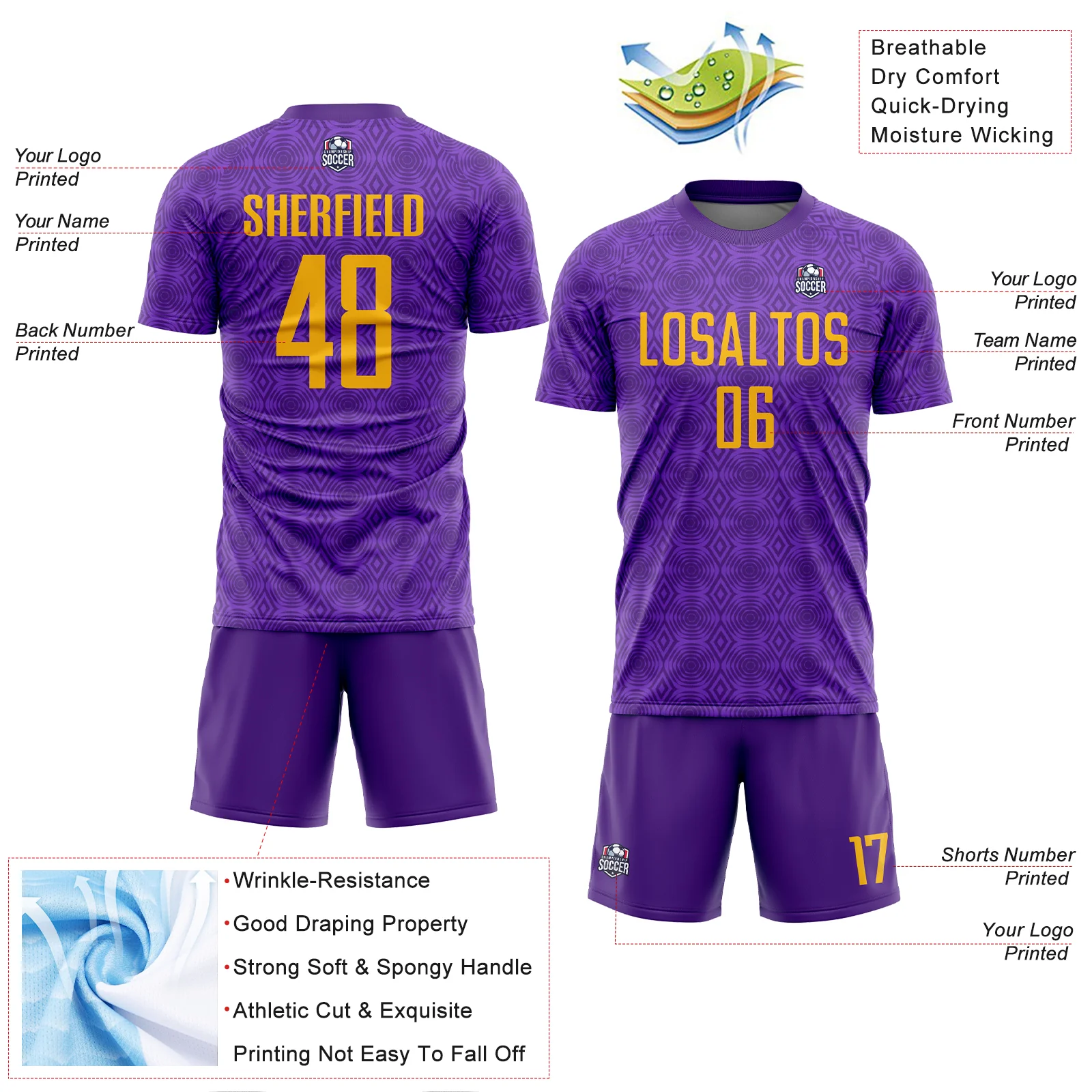 Custom Purple Gold Geometric Shapes Sublimation Soccer Uniform Jersey - Image 4