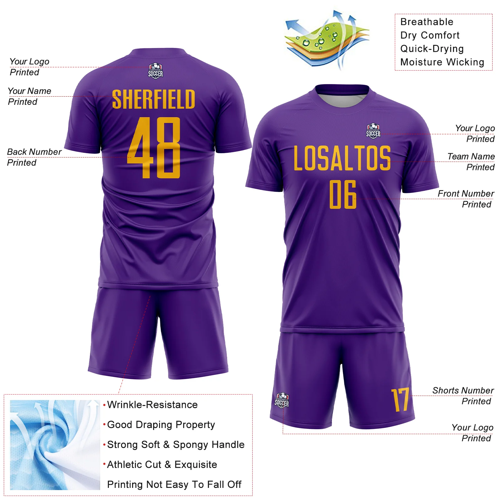 Custom Purple Gold Sublimation Soccer Uniform Jersey - Image 4