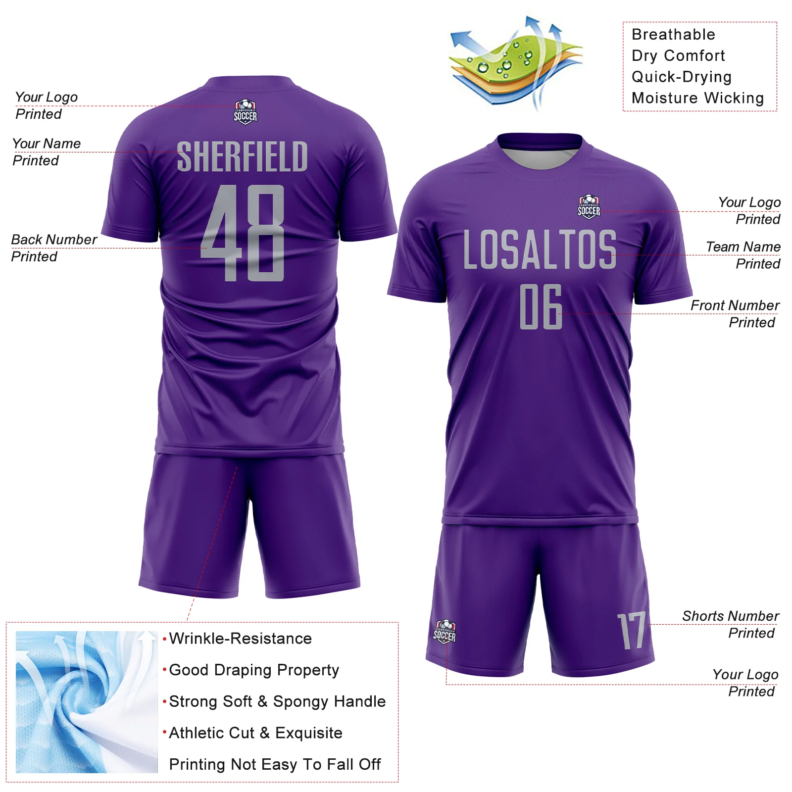 Custom Purple Gray Sublimation Soccer Uniform Jersey - Image 4