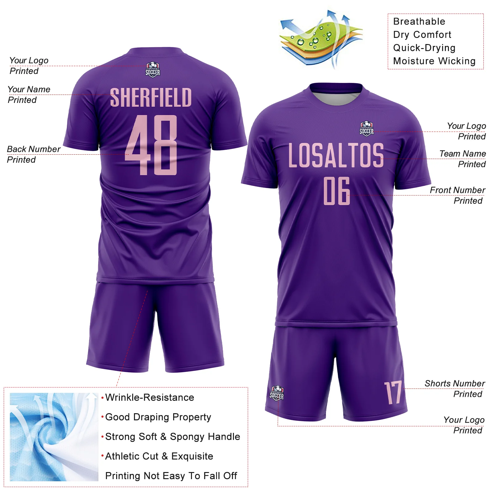 Custom Purple Light Pink Sublimation Soccer Uniform Jersey - Image 4