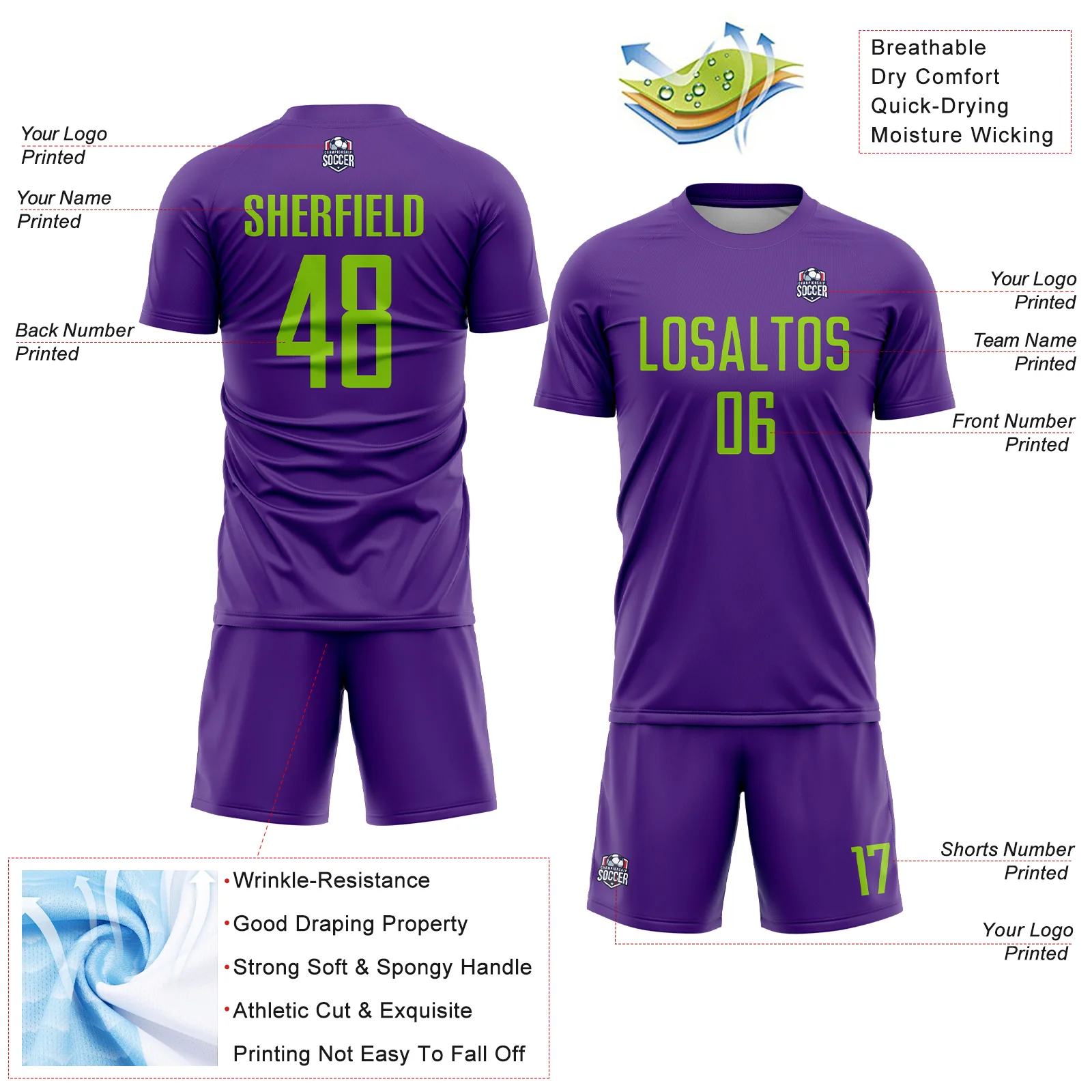 Custom Purple Neon Green Sublimation Soccer Uniform Jersey - Image 4