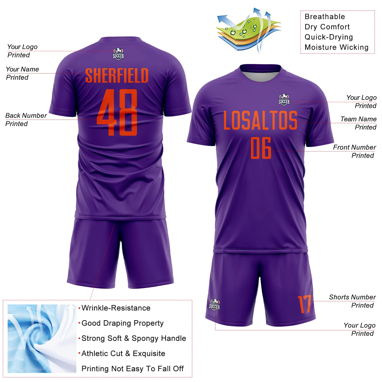 Custom Purple Orange Sublimation Soccer Uniform Jersey - Image 4