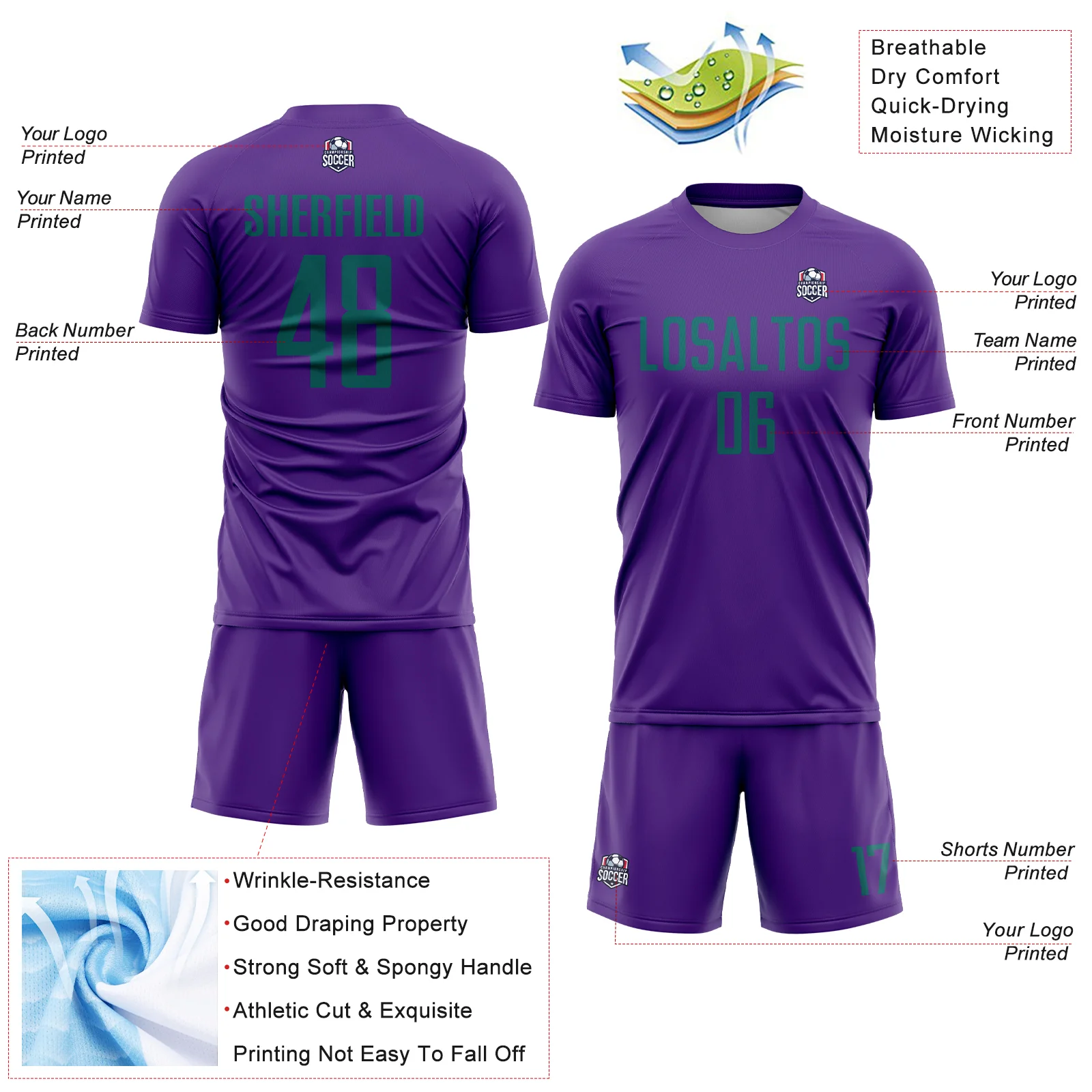 Custom Purple Teal Sublimation Soccer Uniform Jersey - Image 4