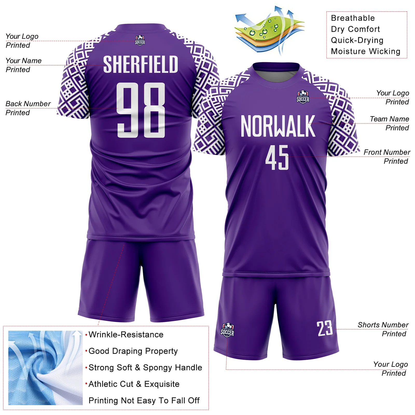 Custom Purple White Geometric Shape Sublimation Soccer Uniform Jersey - Image 4