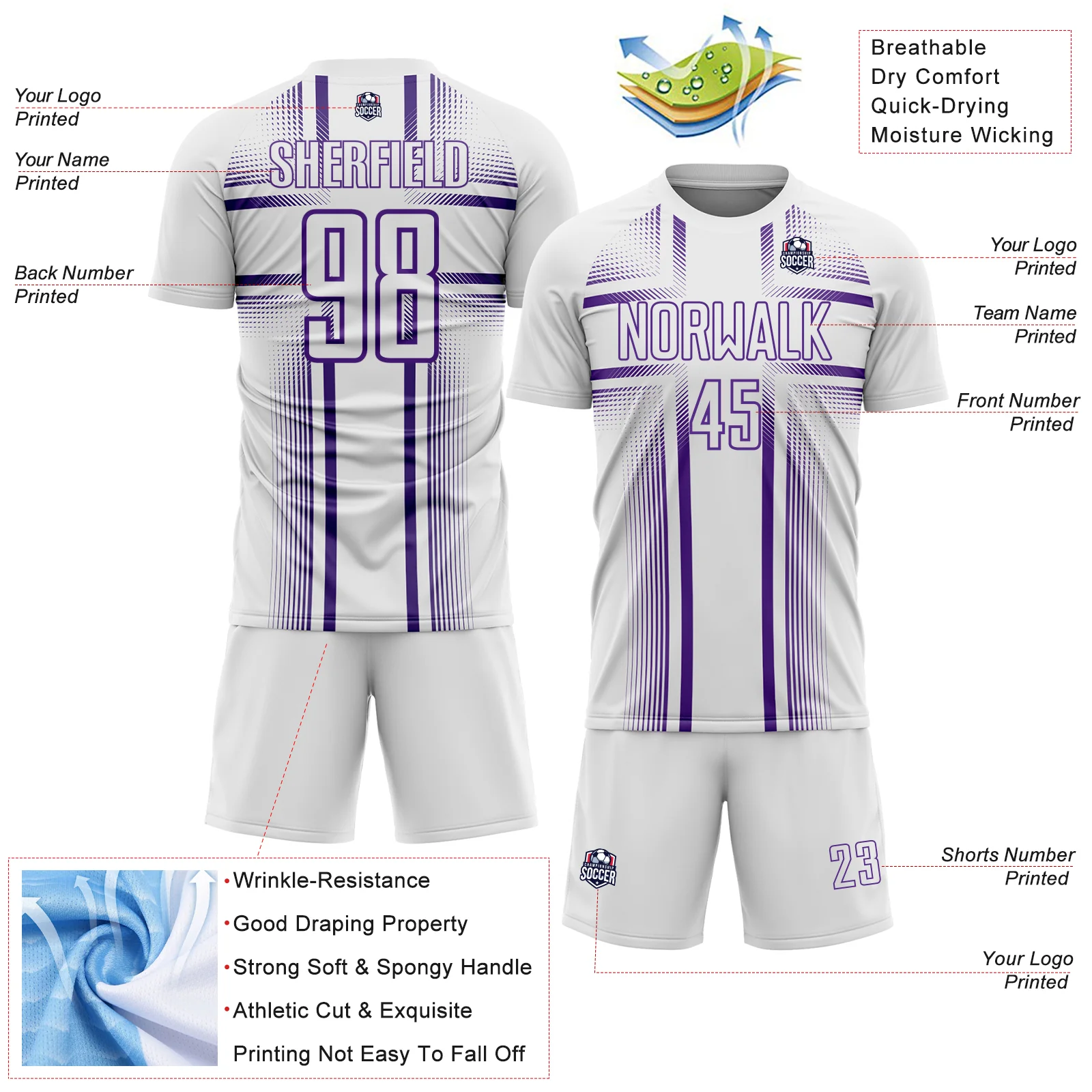 Custom White Purple Lines Sublimation Soccer Uniform Jersey - Image 4