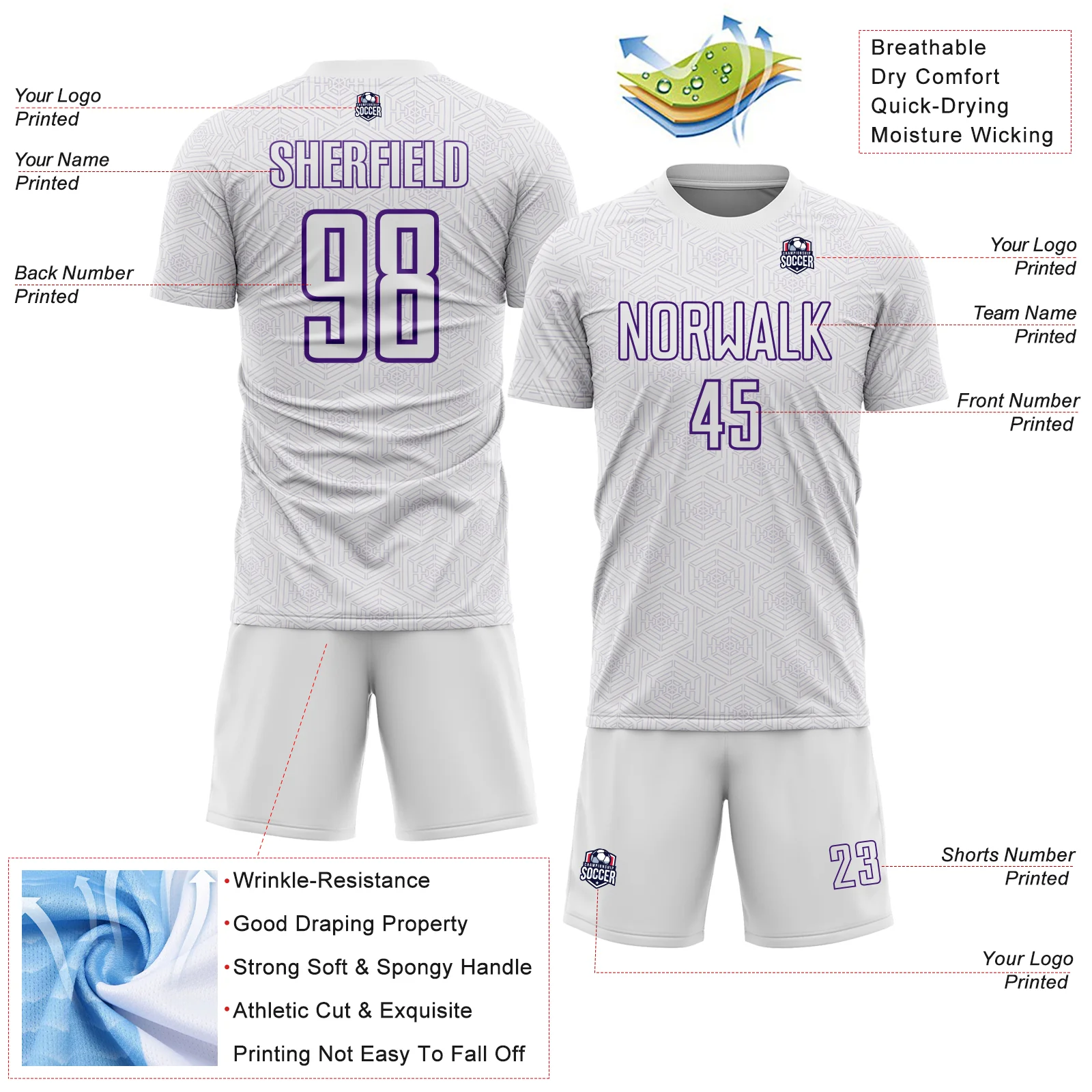 Custom White Purple Geometric Shape Sports Sublimation Soccer Uniform Jersey - Image 4