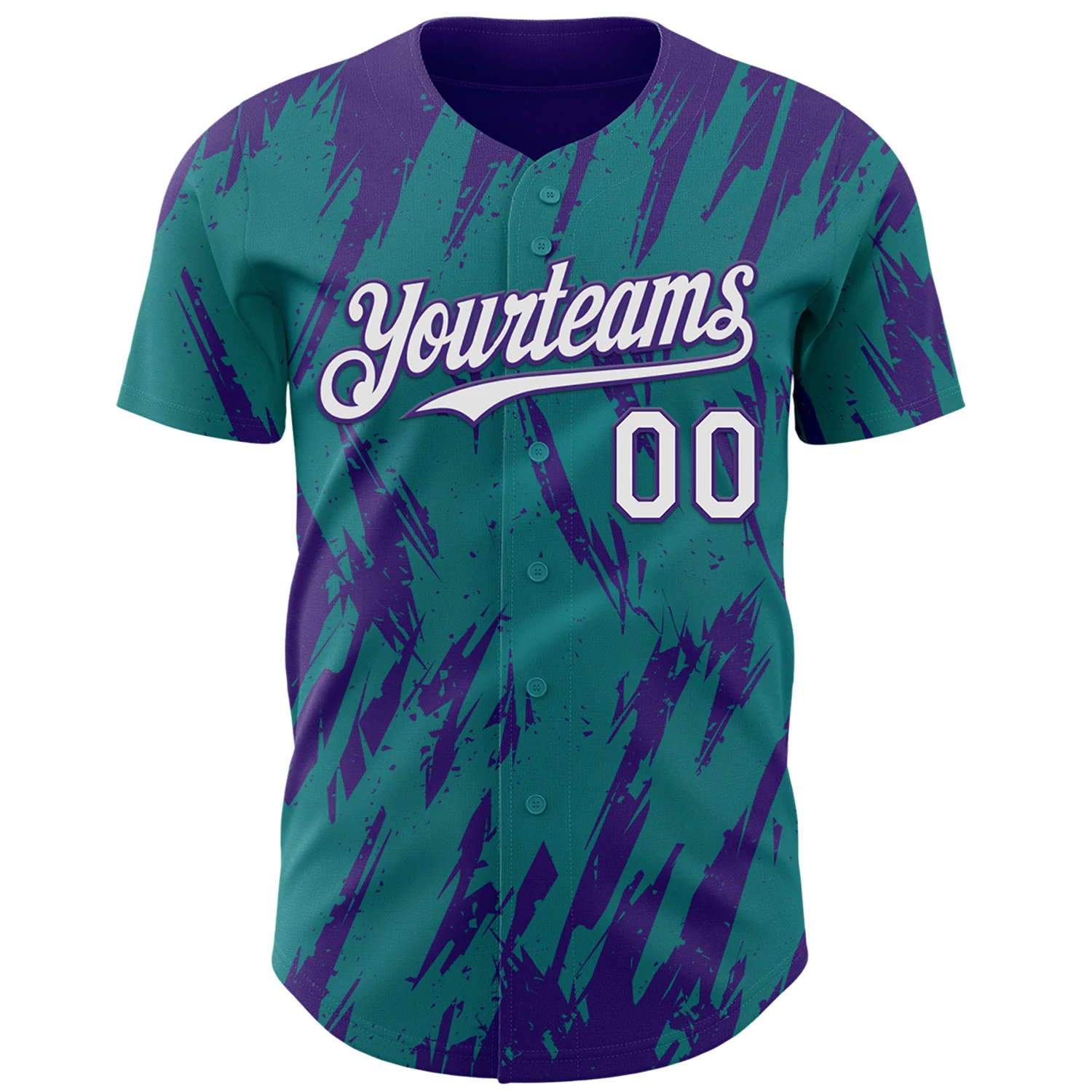 Custom Teal White-Purple Splatter Torn Sharp Brush Stroke Authentic Baseball Jersey - Image 2