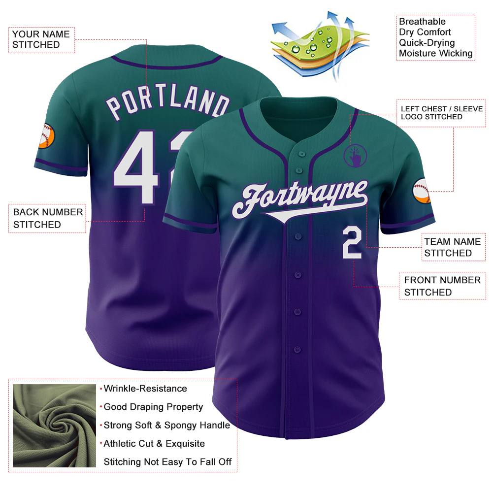 Custom Teal White-Purple Authentic Fade Fashion Baseball Jersey - Image 3