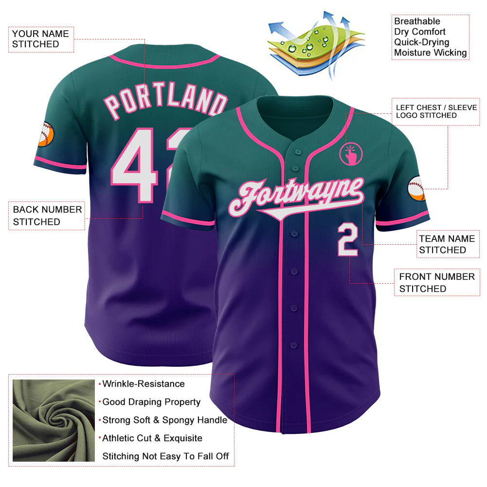 Custom Teal White Purple-Pink Authentic Fade Fashion Baseball Jersey - Image 3