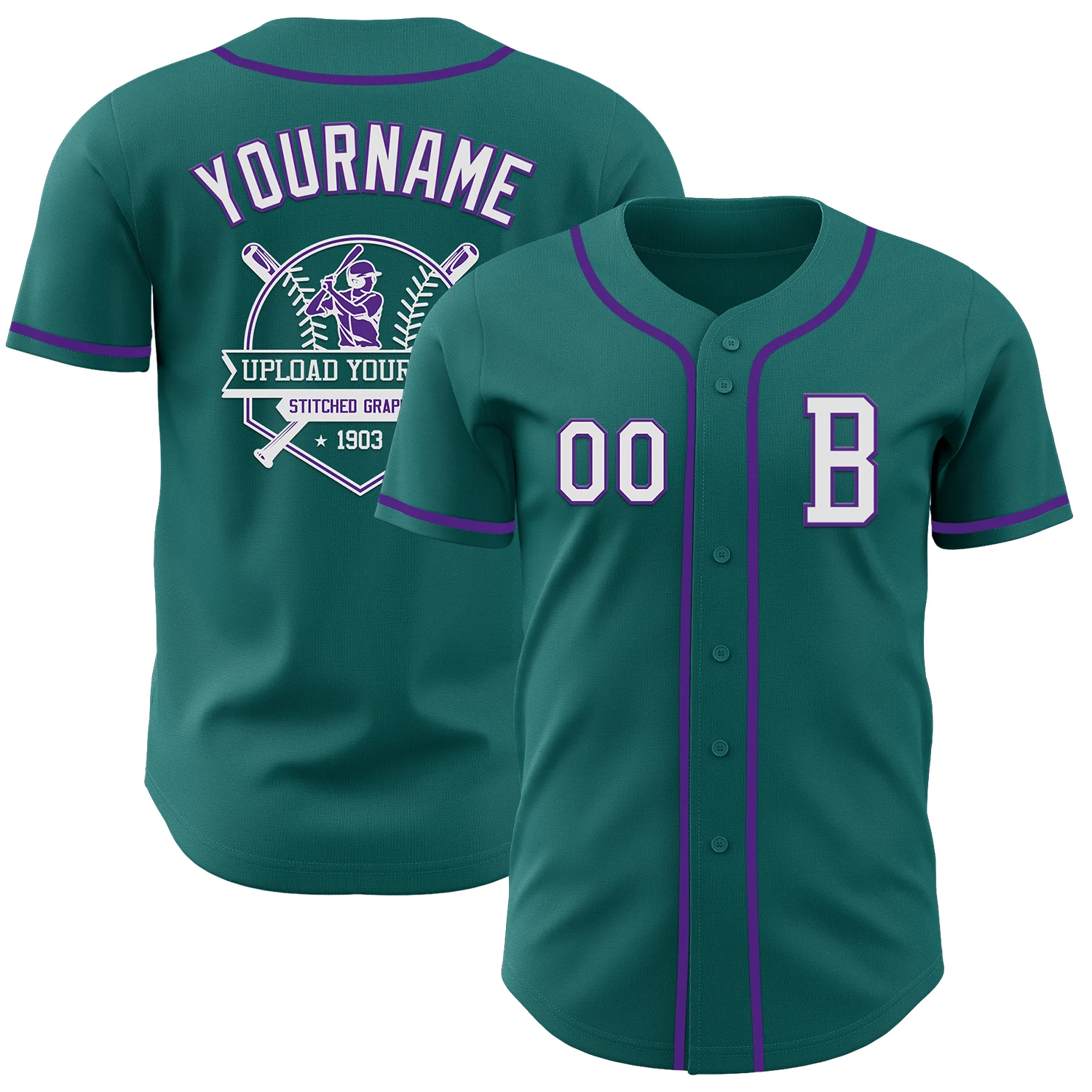 Custom Teal White-Purple Authentic Baseball Jersey - Image 5