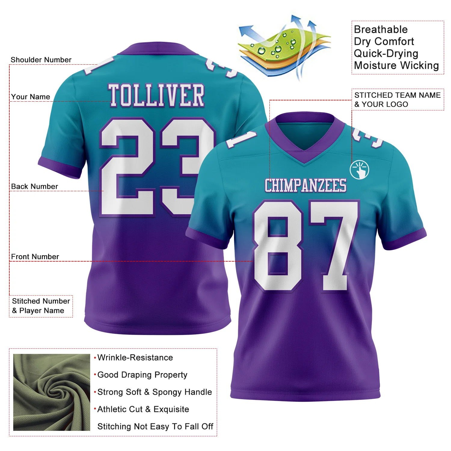 Custom Teal White-Purple Authentic Fade Fashion Football Jersey - Image 2