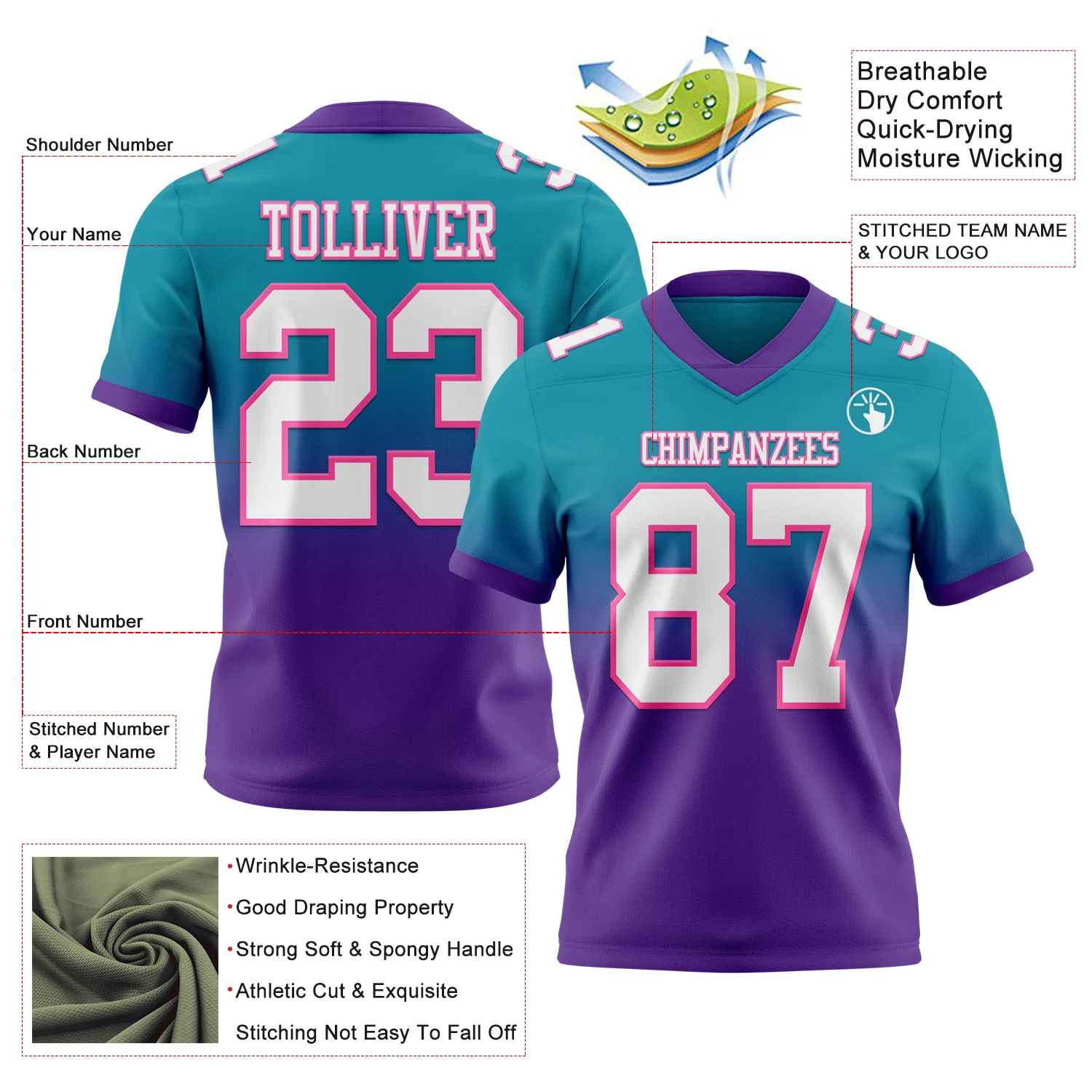 Custom Teal White Purple-Pink Authentic Fade Fashion Football Jersey - Image 2