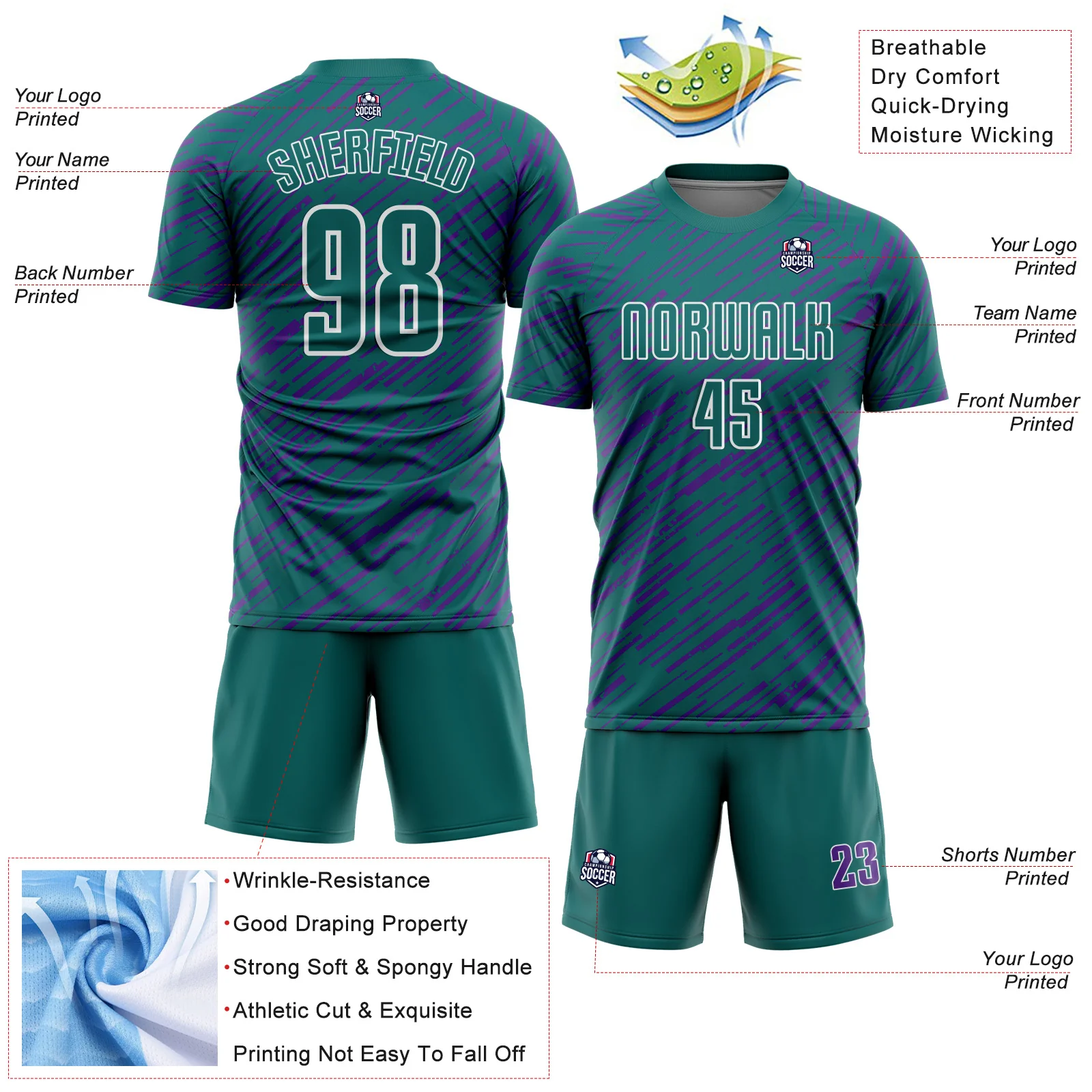 Custom Teal Purple-White Line Sports Sublimation Soccer Uniform Jersey - Image 4