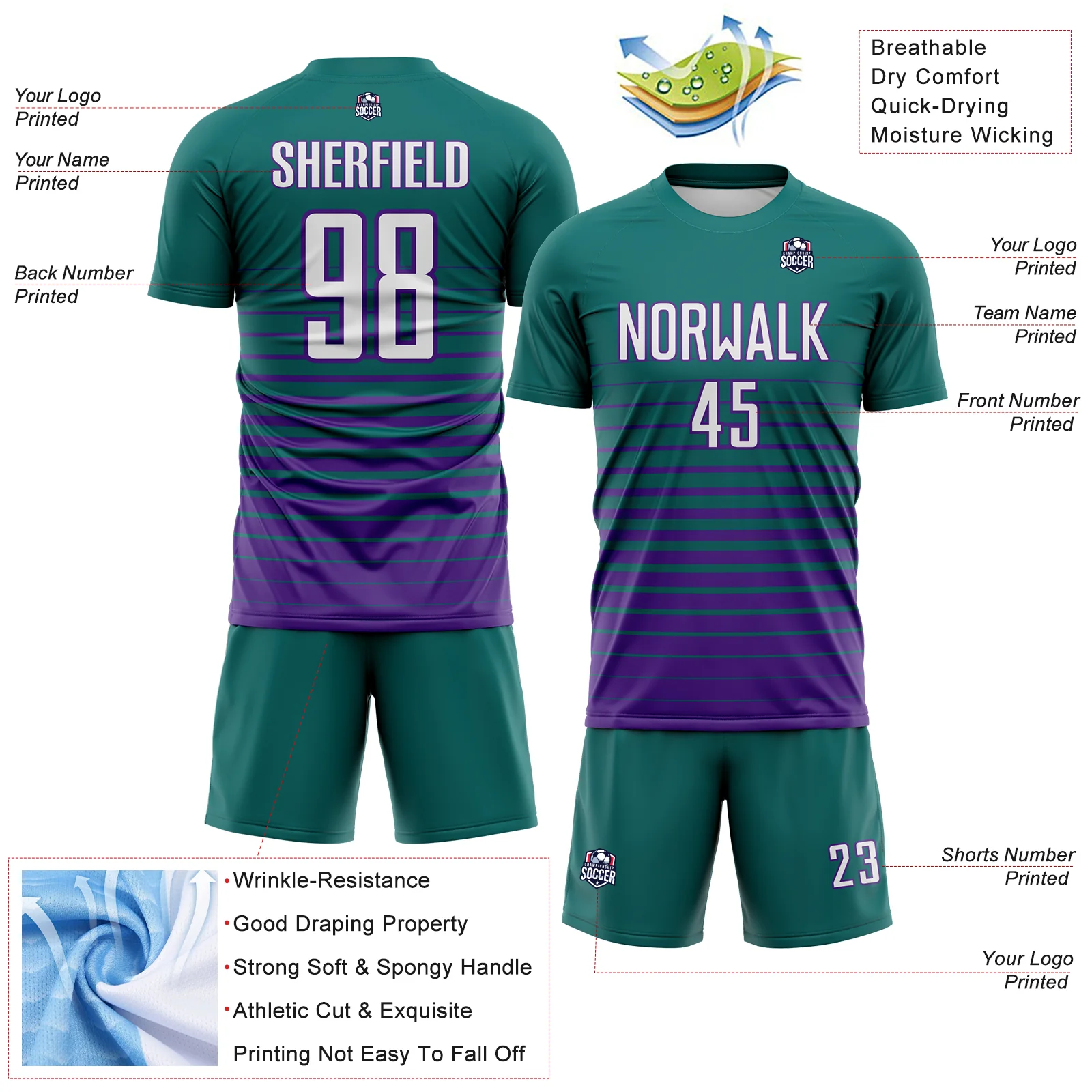 Custom Teal White-Purple Gradient Pinstripe Sublimation Soccer Uniform Jersey - Image 4