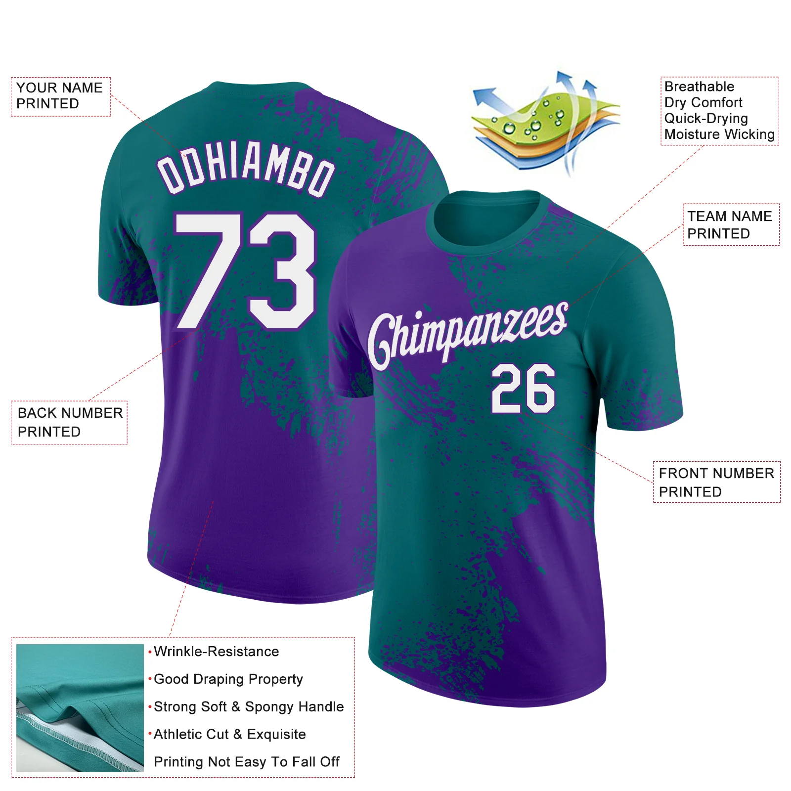 Custom Teal White-Purple 3D Pattern Design Abstract Brush Stroke Performance T-Shirt - Image 2