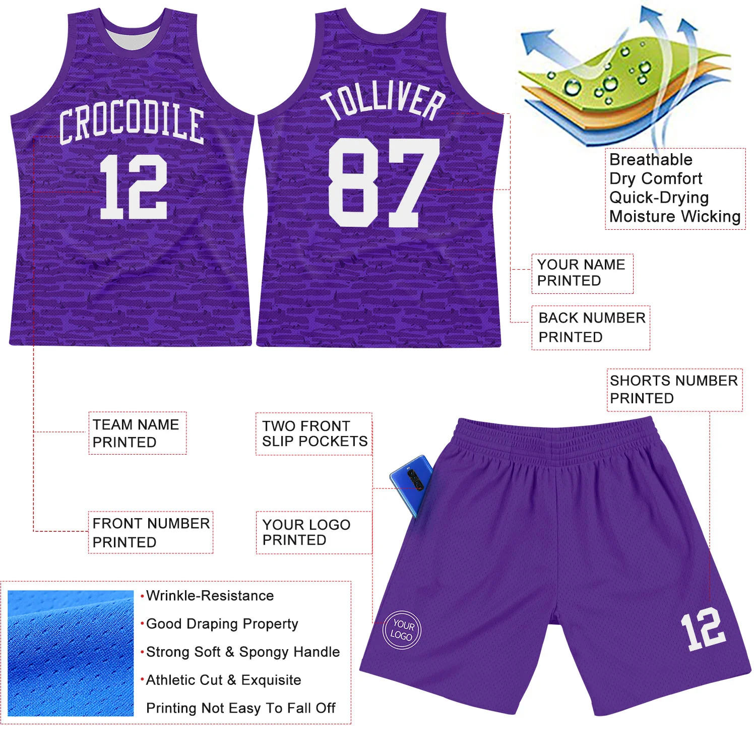 Custom Purple White Fragment Art Round Neck Sublimation Basketball Suit Jersey - Image 3
