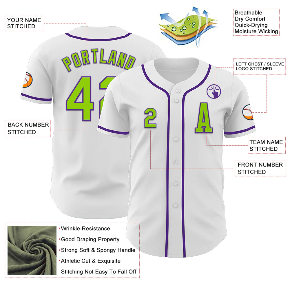 Custom White Neon Green-Purple Authentic Baseball Jersey - Image 2
