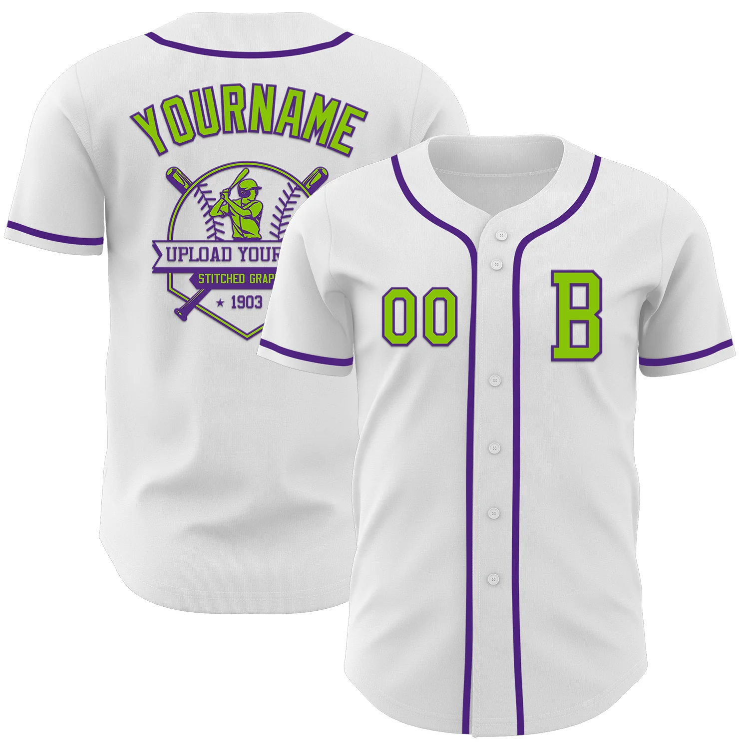 Custom White Neon Green-Purple Authentic Baseball Jersey - Image 5