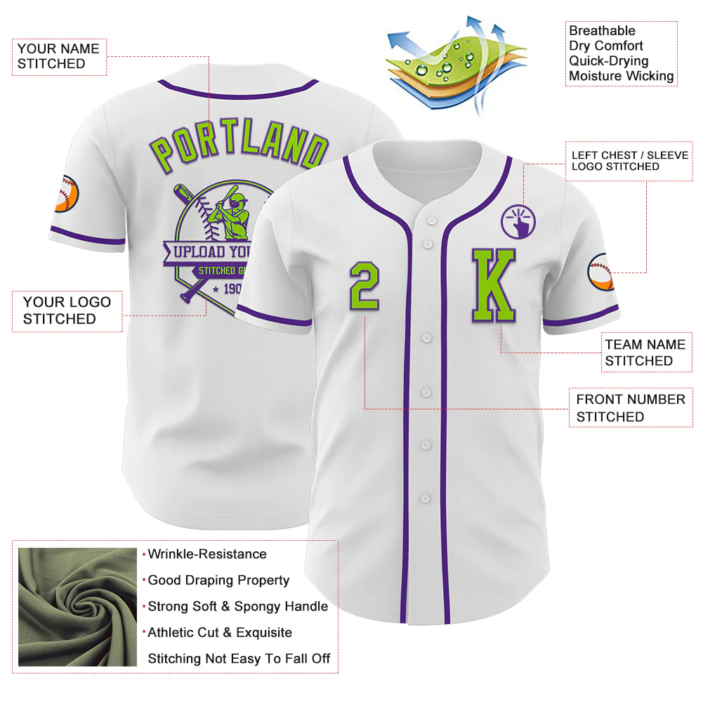 Custom White Neon Green-Purple Authentic Baseball Jersey - Image 6