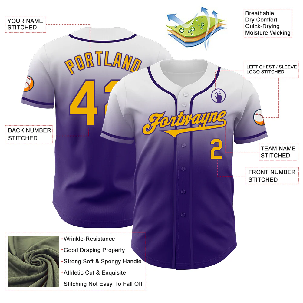 Custom White Gold-Purple Authentic Fade Fashion Baseball Jersey - Image 3