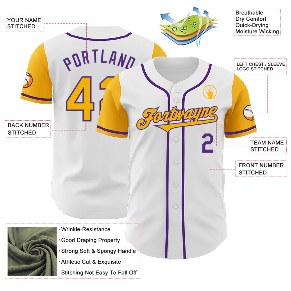 Custom White Gold-Purple Authentic Two Tone Baseball Jersey - Image 3
