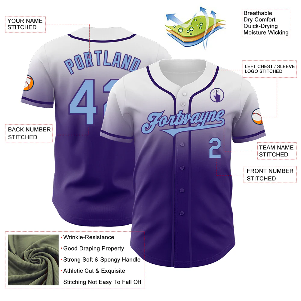 Custom White Light Blue-Purple Authentic Fade Fashion Baseball Jersey - Image 3