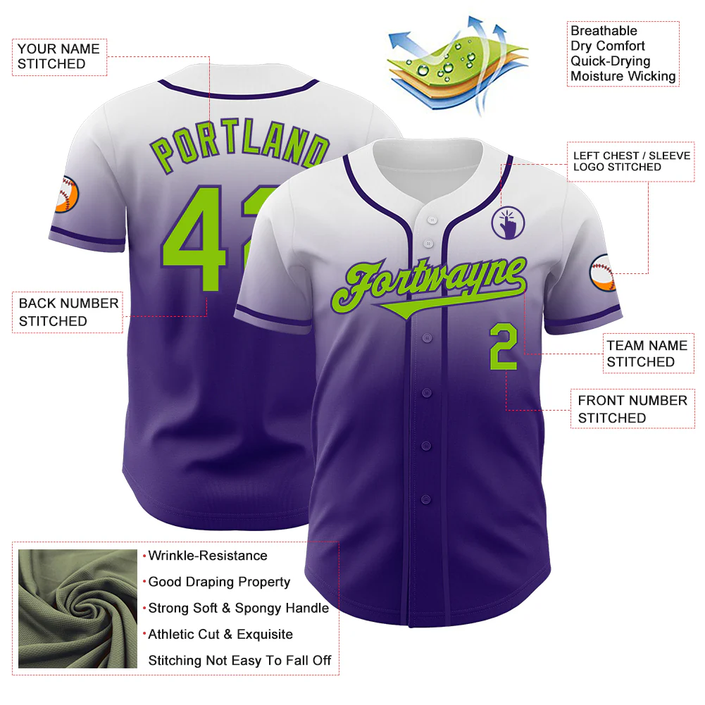 Custom White Neon Green-Purple Authentic Fade Fashion Baseball Jersey - Image 3