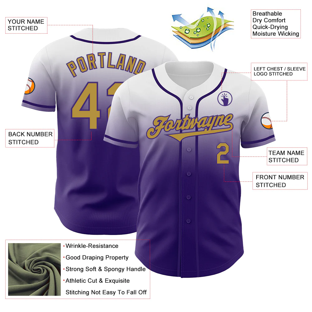 Custom White Old Gold-Purple Authentic Fade Fashion Baseball Jersey - Image 3