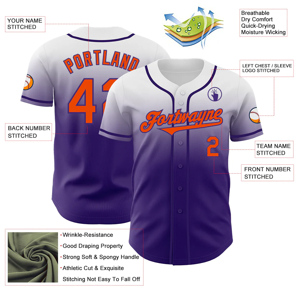 Custom White Orange-Purple Authentic Fade Fashion Baseball Jersey - Image 3