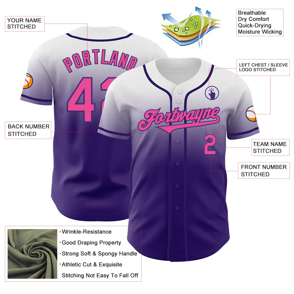 Custom White Pink-Purple Authentic Fade Fashion Baseball Jersey - Image 3