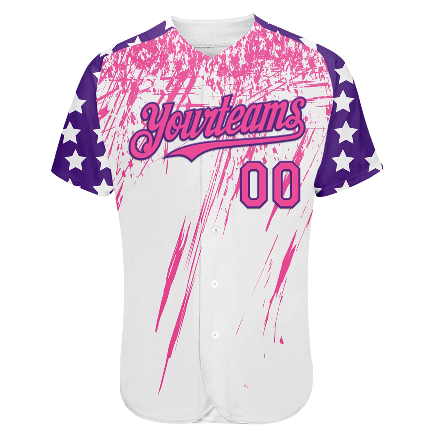 Custom White Pink-Purple Splatter Brush Stroke Star Raglan Sleeves Authentic Baseball Jersey - Image 2