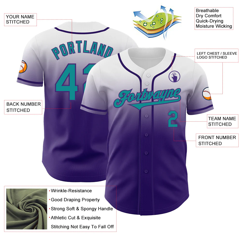 Custom White Teal-Purple Authentic Fade Fashion Baseball Jersey - Image 3