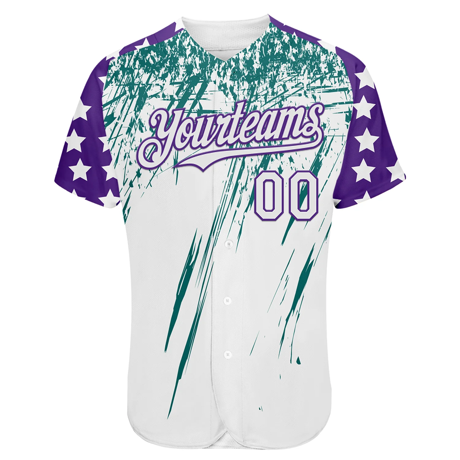 Custom White Purple-Teal Splatter Brush Stroke Star Raglan Sleeves Authentic Baseball Jersey - Image 2