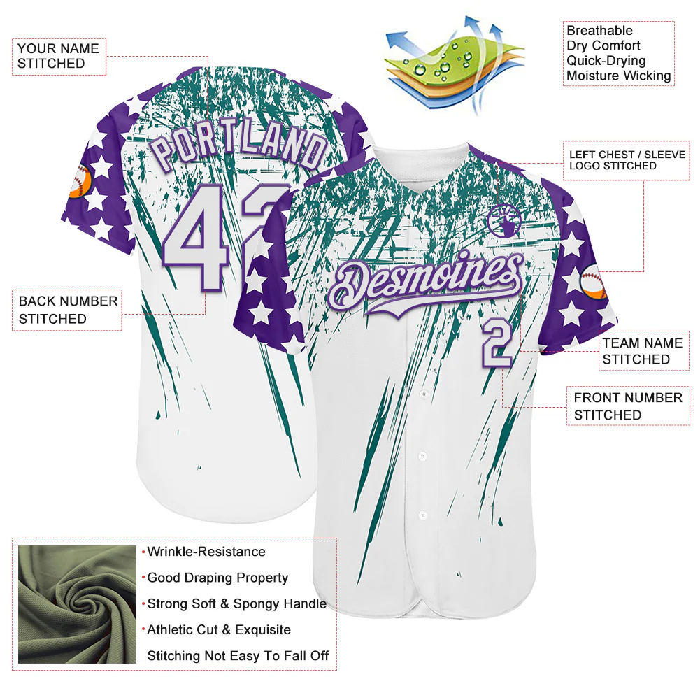 Custom White Purple-Teal Splatter Brush Stroke Star Raglan Sleeves Authentic Baseball Jersey - Image 3