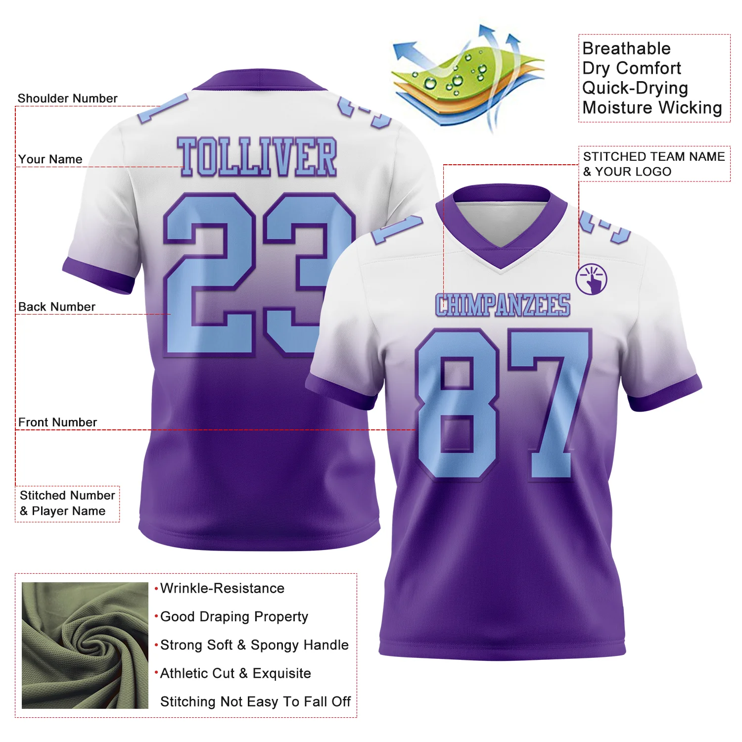 Custom White Light Blue-Purple Authentic Fade Fashion Football Jersey - Image 2