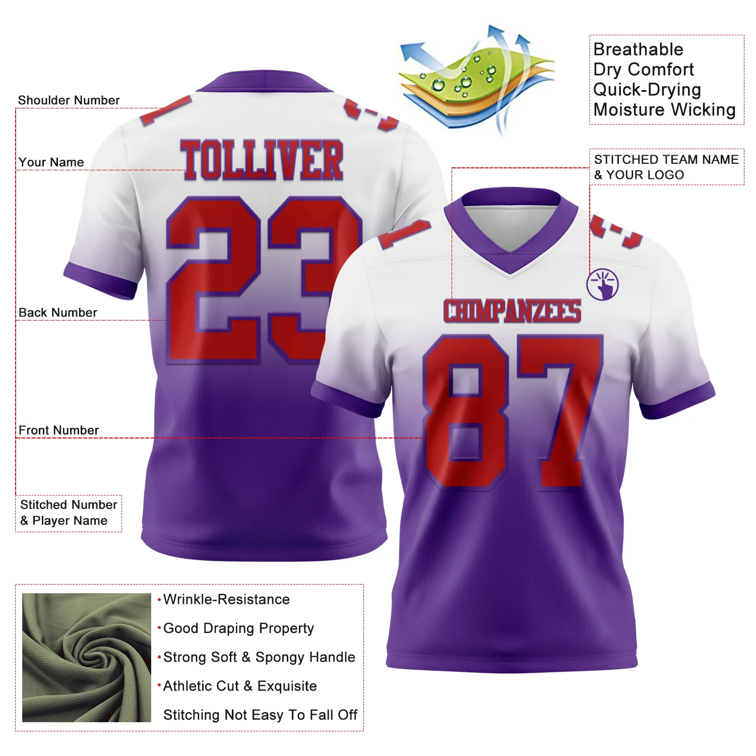 Custom White Red-Purple Authentic Fade Fashion Football Jersey - Image 2