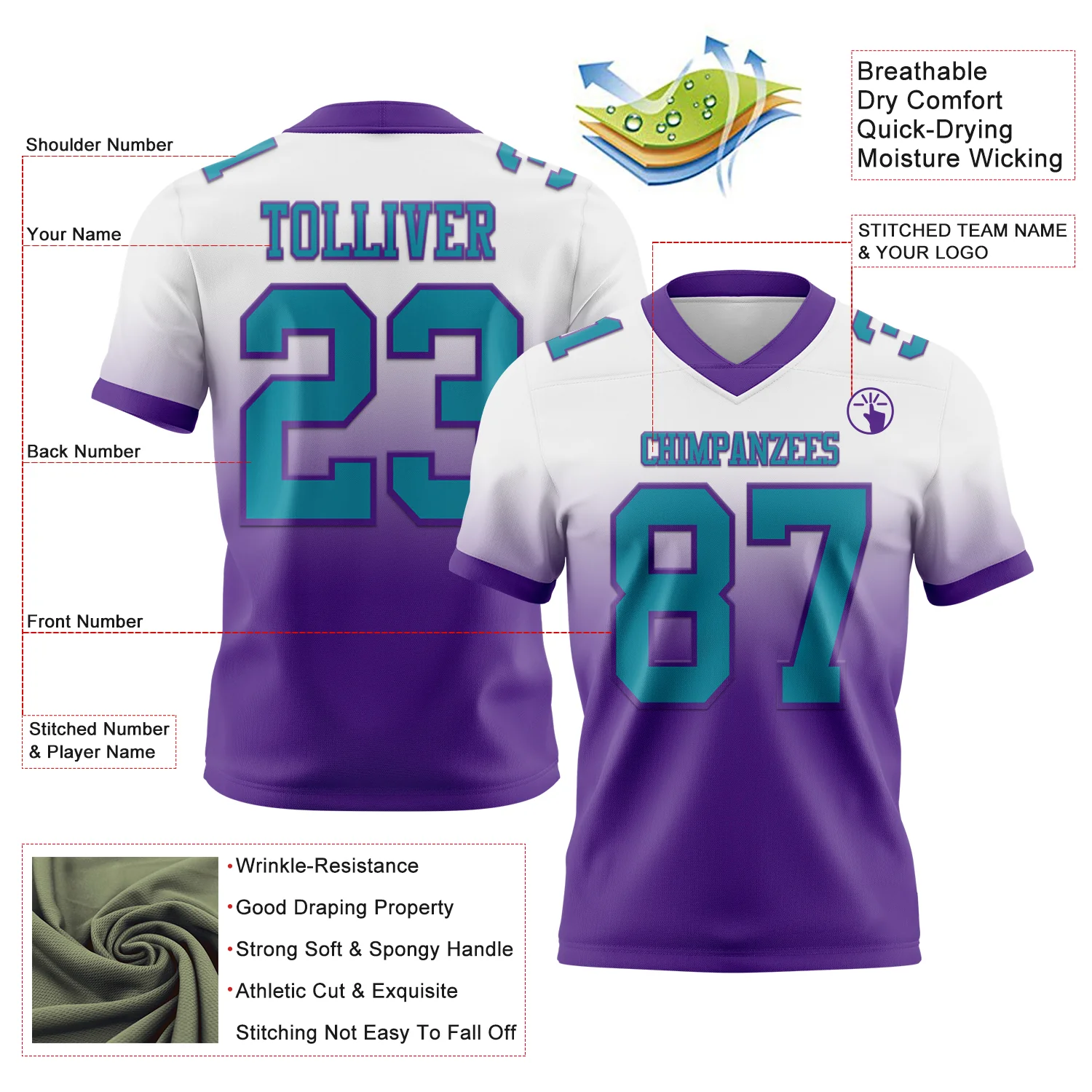 Custom White Teal-Purple Authentic Fade Fashion Football Jersey - Image 2