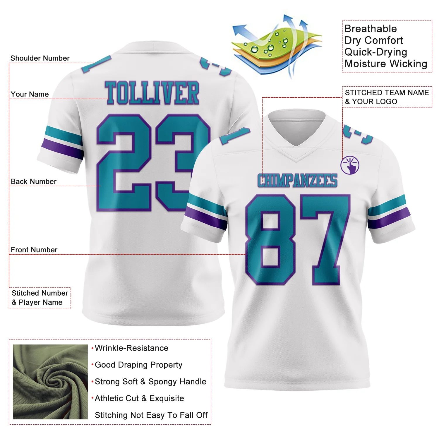 Custom White Teal-Purple Authentic Football Jersey - Image 3