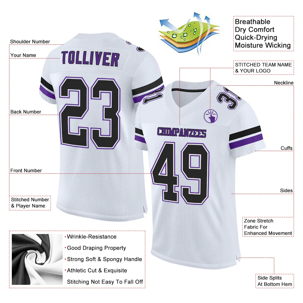 Custom White Black-Purple Mesh Authentic Football Jersey - Image 2