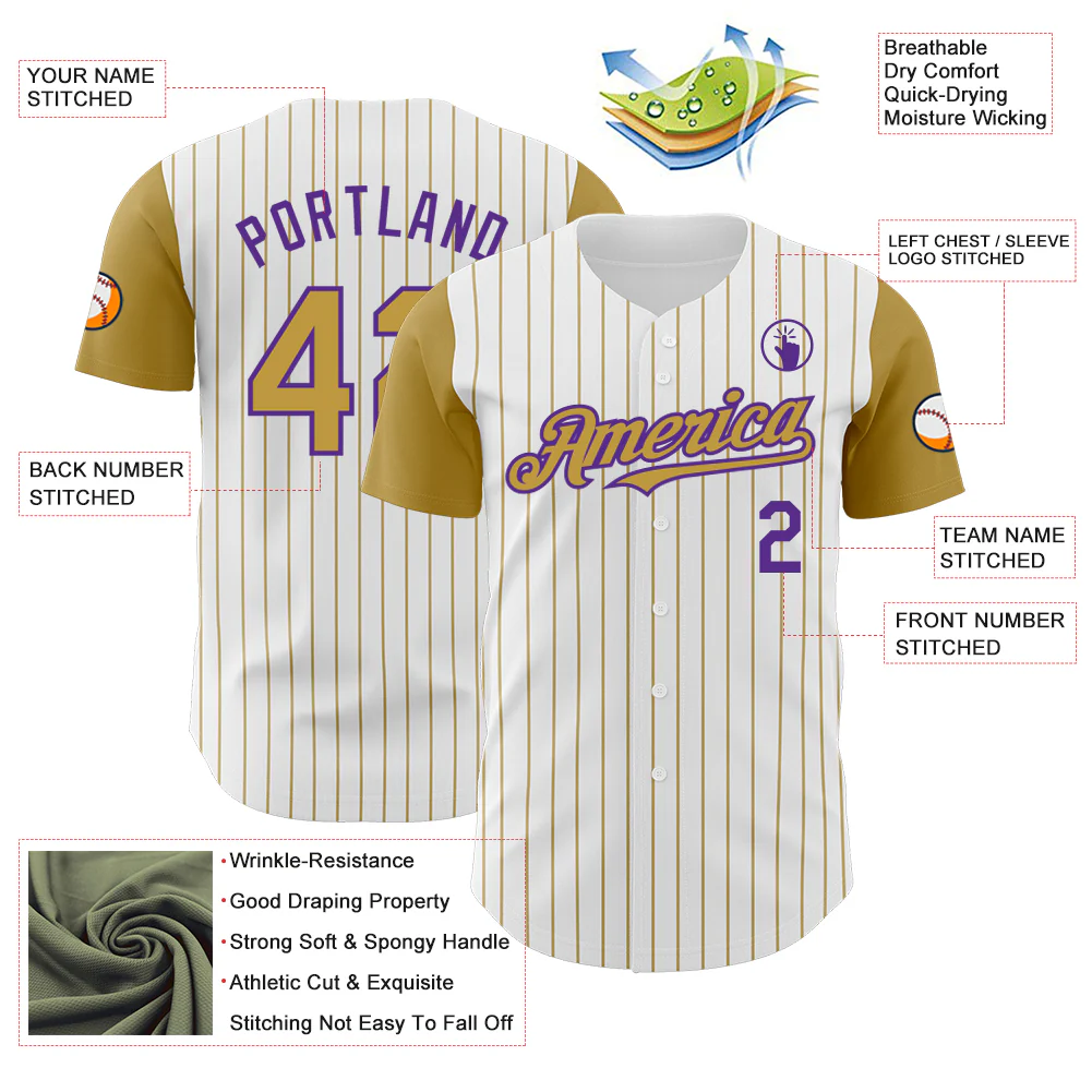 Custom White Old Gold Pinstripe Purple Authentic Two Tone Baseball Jersey - Image 3
