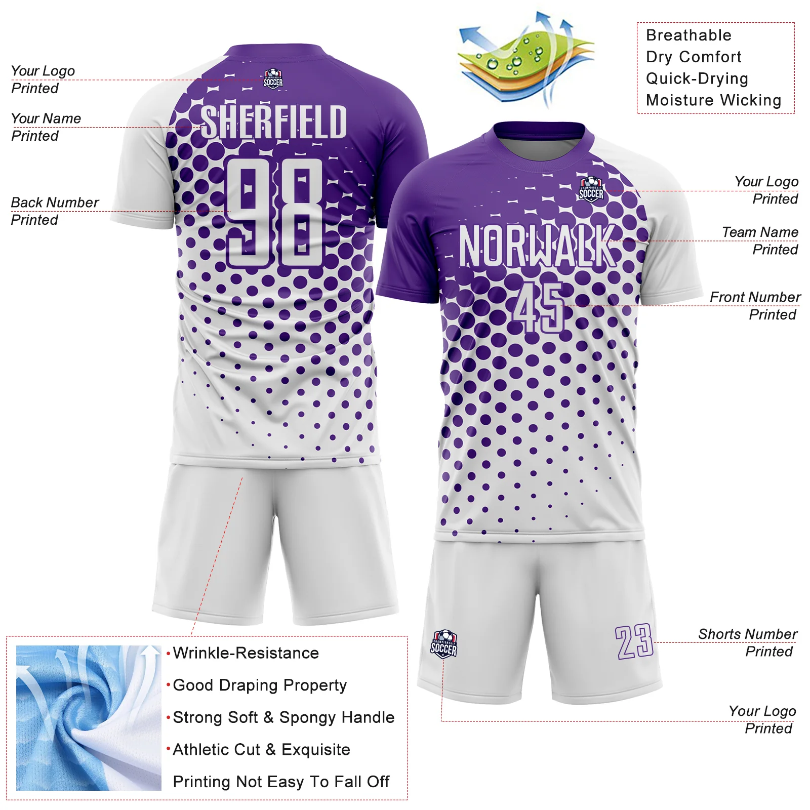 Custom White Purple Modern Polka Dot Sublimation Soccer Uniform Jersey - Image 4