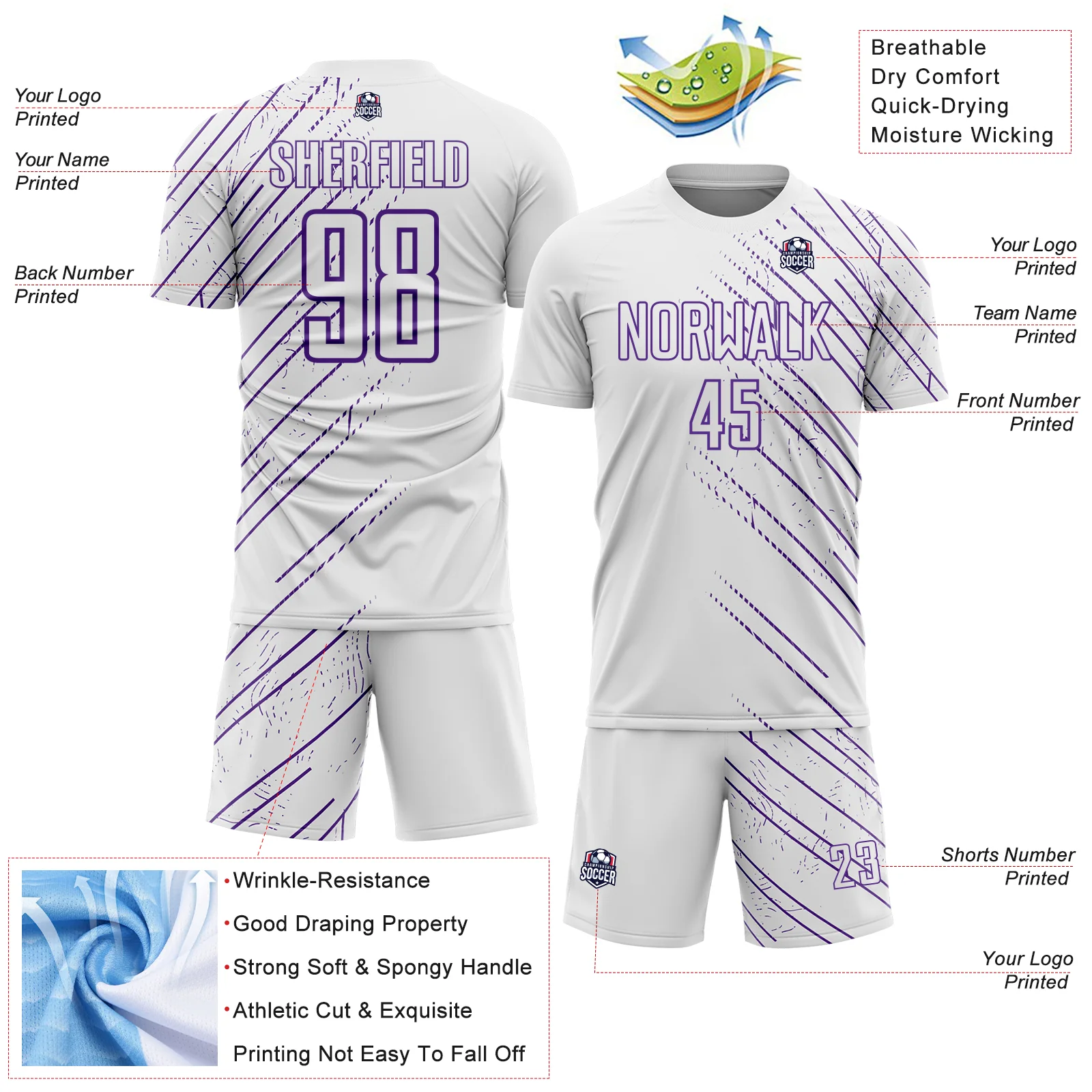 Custom White Purple Lines Sports Sublimation Soccer Uniform Jersey - Image 4