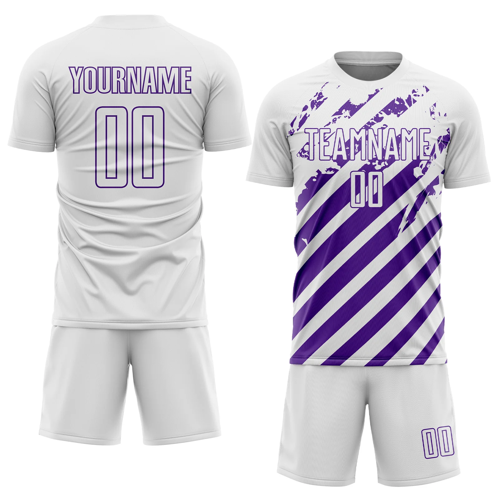 Custom White Purple Distressed Diagonal Stripe Pattern Sports Sublimation Soccer Uniform Jersey - Image 2